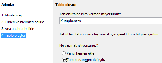 Tablonun adını değiştirebilirsiniz. Ne yapmak istiyorsunuz bölümüne Veriyi hemen ekle seçilirse aşağıdaki pencere açılır.