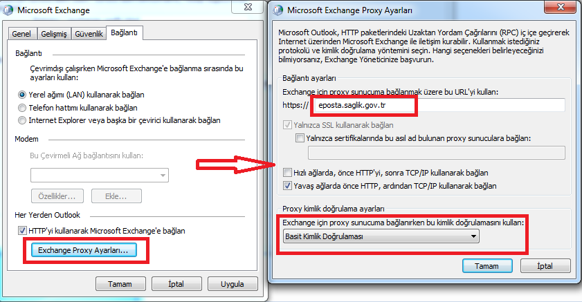 6. Karşımıza gelen ekranda Bağlantı sekmesi tıklanır. Exchange Proxy Ayarları seçilerek işlemlere devam edilir.