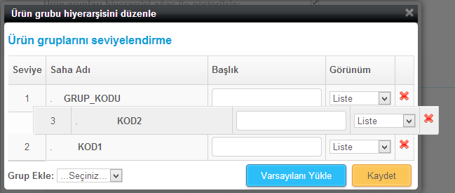 tıklandığında ise o grup koduna bağlı Kod1 değerleri görünecektir. Grup kodu, Kod1-2-3-4-5 değerlerinin ekranda eksiksiz görünmesi için Netsis te grup isimlerinin mutlaka girilmesi gerekmektedir.