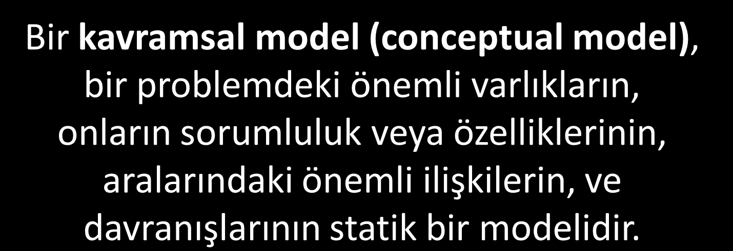 Kavramsal Modeller (Conceptual Models) 34 Bir kavramsal model (conceptual model), bir problemdeki önemli varlıkların, onların sorumluluk veya özelliklerinin, aralarındaki önemli