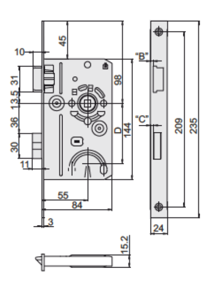 SSF Gömme Kapı Kilitleri SSF GÖMME KİLİT S-10 Gömme Kilit, DIN 18251 Kategori 1 Kol Mil Yuvası 8mm Seren Mesafesi D55mm Eksen: - BB Oda Kilidi: 72mm - WC Kilidi: 78mm U-Kenar Lama 20x235mm, Çelik