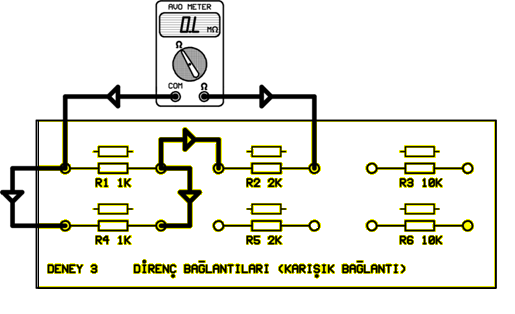 DENEYĠN YAPILIġI: Y-0016/003 modülünü yerine takınız. Devre bağlantılarını şekil 4.16 daki gibi yapınız. ġekil 4.16 1- Ohmmetrenin gösterdiği direnç değerini yazınız. Ohmmetrede R=.. okunmaktadır.