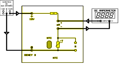 DENEYĠN YAPILIġI: DENEY: 6.3 ġekil 3.3 1- Devre bağlantılarını yapmadan şekil 3.3 deki gibi NTC nin soğuk direncini ölçünüz. NTC soğuk direnci R. dır.