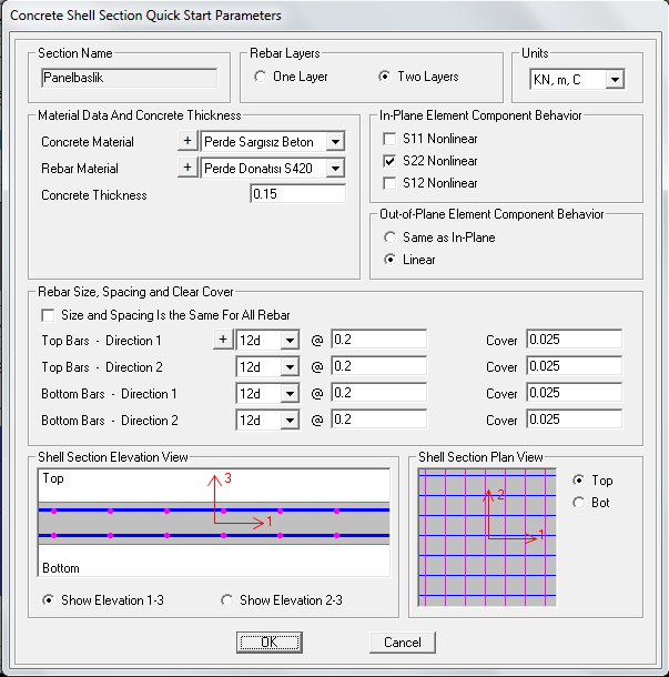 Şekil 5.37 : Hasır donatılı panel modeli. Şekil 5.37 de doğrusal olmayan levha eleman tanımlanırken verilen donatı oranlarının Sap2000 programında ifade edilme şekli gösterilmektedir.
