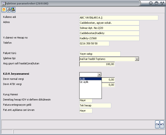 İşletme Parametreler (269100) Bu bölümden firmanız ile ilgili olarak programı kullanmaya başlamadan önce tanımlanması gereken parametrelerin girişleri yapılacaktır.