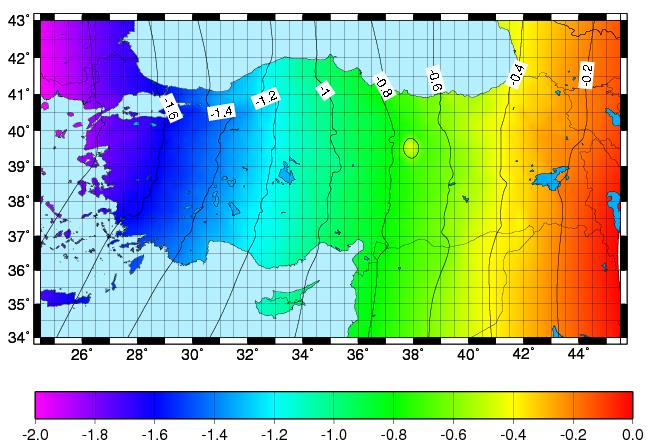 Şekil 4. ED50-ITRF96 boylam farkları (yay saniyesi) (Aktuğ vd., 2011) 3.4. Jeodezik Ağların Deformasyonunun İzlenmesi Türkiye Ulusal Temel GPS Ağı, 1997, 1998 ve 1999 yıllarında gerçekleştirilen ölçüler ile kurulmuştur.