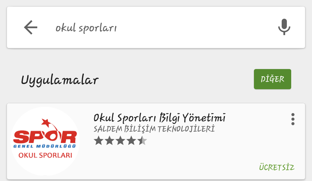 Android iģletim sistemine uyumlu olan Okul Sporları Mobile uygulamasını telefonumuza