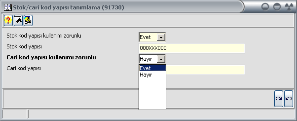 Stok/cari kod yapısı tanımlama (091730) Bu menünün son programı stok ve carilerin kod yapısının programa tanıtılması amacı ile hazırlanmıştır.