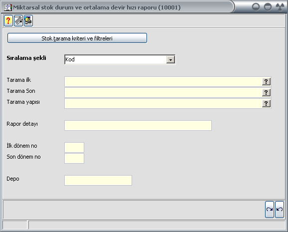 Kod girişi Kod aralığı girişi Kod yapısı girişi Tarih aralığı girişi Yukarıda sıraladığımız 4 kriterin bazen tamamı, bazen bir veya iki tanesi değişken rapor parametreleri ekranlarında yer alır.