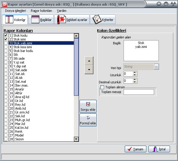 Rapor Kolonları: Burada raporumuzda listelenebilecek tüm kolonlar alt alta sıralı olarak yer alır.