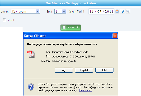 4.2.Personel Kıdem Sorgu 1 Unvan seçilir. Atama Sınıfı belirlenir.