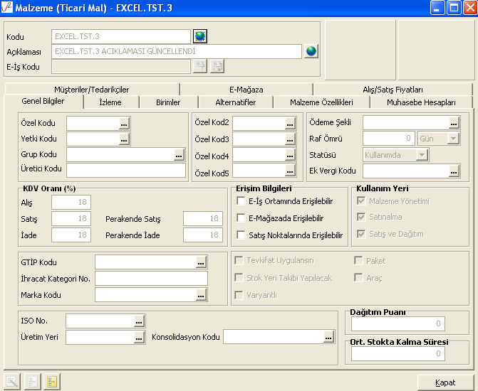 Đkinci aktarım denememizde yine aynı dosya kullanılacak ama bu sefer excel den aktarım penceresinde Sadece aktarılan