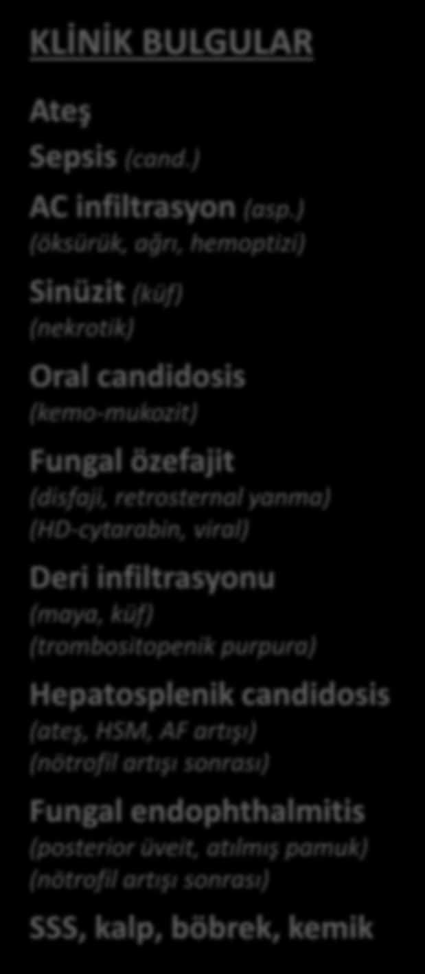 KLİNİK BULGULAR Ateş Sepsis (cand.) AC infiltrasyon (asp.