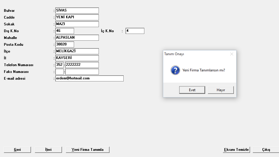 Firma bilgileri oluşturulduktan sonra «Yeni Firma