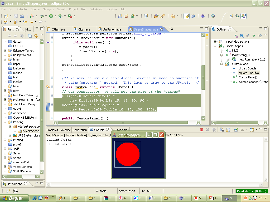 Örnek-2 public void paintcomponent(graphics g) { super.paintcomponent(g); Graphics2D g2d = (Graphics2D)g; Ellipse2D.Double circle = new Ellipse2D.Double(15, 15, 90, 90); Rectangle2D.