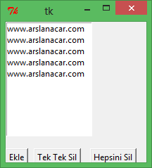 Pencere Üzerine Liste Kutusu Eklenmesi (Listbox) : ornek_pencere_listbox.py #_*_ coding:cp1254 _*_ from Tkinter import * anapencere = Tk() listbox1 =Listbox() listbox1.place(relx=0.0,rely=0.