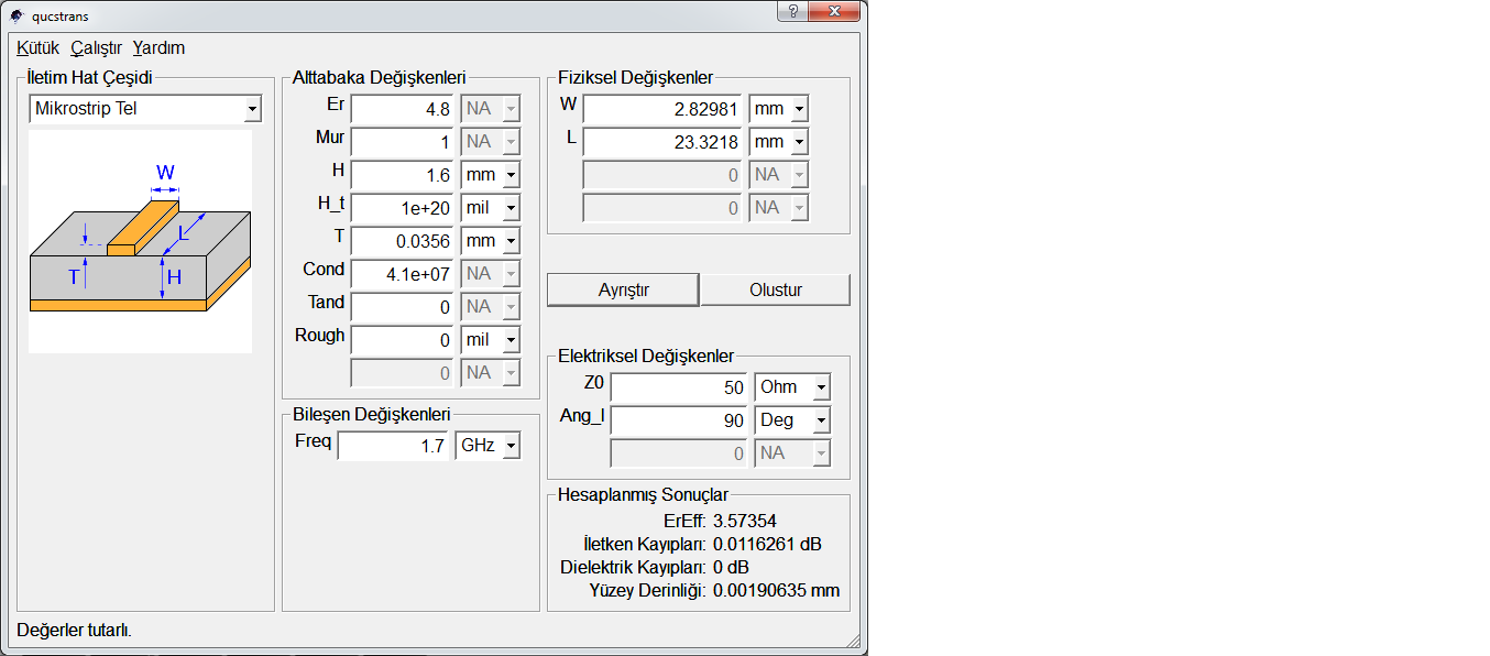 Hesaplanan bu değerler, malzeme parametreleri ve tasarım frekansı Qucs programının mikroşerit hat hesaplama aracına girilerek, mikroşerit hat uzunlukları