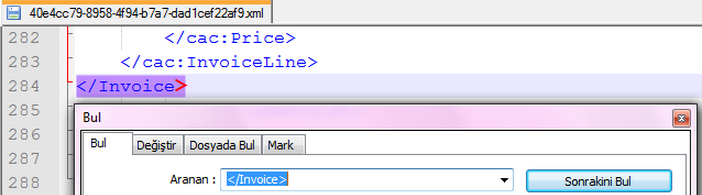 5. Dosya içerisinde "</Invoice"u aratıp bulunuz. 6. ">" işaretinin sonrasından dosyanın sonuna kadar olan tüm kısmı siliniz. 7. Dosyayı kaydediniz.