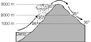 alçalır. Sürtünmenin etkisiyle sıcaklığı her 100 m. de 1 C artar. Dağ zirvelerinden aşağıya doğru sıcak ve kuru olarak esen bu rüzgârlara föhn rüzgârı denir.