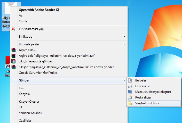 Eğer bilgisayarınızda Winrar yoksa, resimde göründüğü gibi istediğiniz öğenin üzerinde
