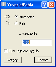 06. DÜZENLEME KOMUTLARI Yuvarla/Pahla Duvar, çizgi, desen, çatı, döşeme ve mahal gibi elemanların birleşim noktalarını yuvarlatmak veya pahlamak amacıyla kullanılır.