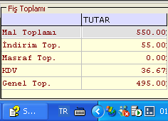 FiĢ Toplamı: (Sağ alt köģe) Ġrsaliyenin Mal Toplamı, Ġndirim Toplamı, Masraf Toplamı, KDV ve Genel Toplam değerleri görüntülenir. Kullanıcı tarafından bu sahalara müdahale edilemez. 3.3.1.2.