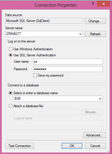 Server Name: Veritabanının bulunduğu sunucu ismi yazılır. Log on to the server : SQL Server Authentication ile veri tabanı sunucusunun kullanıcı adı ve şifre bilgileri yazılır.