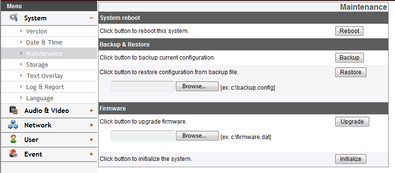 Maintenance System reboot IP aygıtını yeniden başlatmak için [Reboot] düğmesine basın. IP aygıtının yeniden başlaması için birkaç dakikaya ihtiyaç olacaktır.