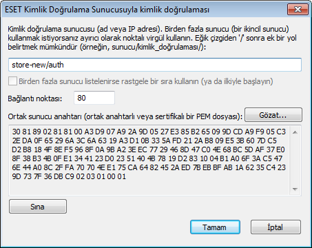 Ayarlarınızı sınamak için Sına düğmesini tıklatın. Kimlik doğrulama başarılı olursa Sunucu kimlik doğrulaması başarılı bildirimi görüntülenir.