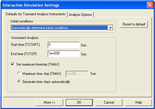 Interactive Simulation Settings: Geçici durum analizi yapılabilen ölçü aletleri için (osilaskop, spektrum analizörü, lojik analizör gibi) ayarlamalar yapılmasını sağlar.