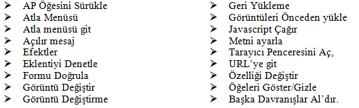 1.3. Davranışlar Web tasarım editörü kod yazmaya gerek kalmadan belgelere Javascript kodları yerleştirir. Böylelikle ziyaretçiler web sayfaları üzerinde birtakım görevler başlatabilirler.