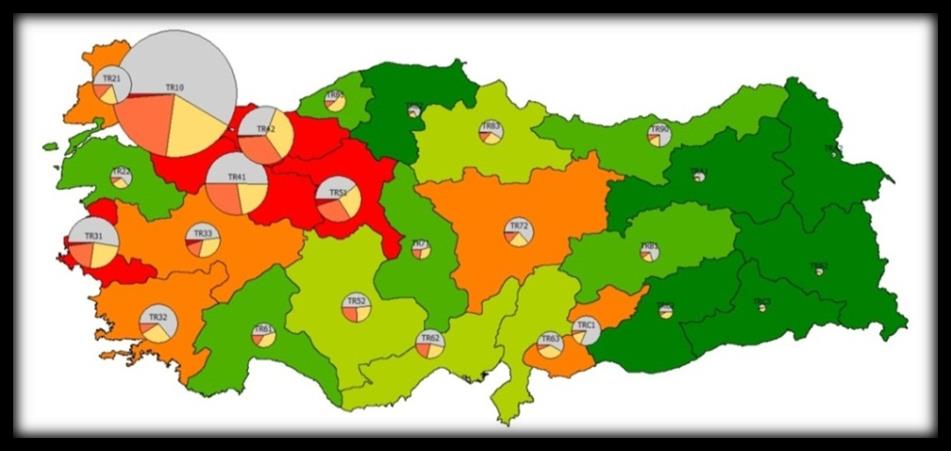 Kaynak: Bölgesel Gelişme Ulusal Stratejisi 451. Bölgelerin imalat sanayi sektörel çeşitliliği ve gelir durumu üretim yapısıyla paralellik arz etmektedir.