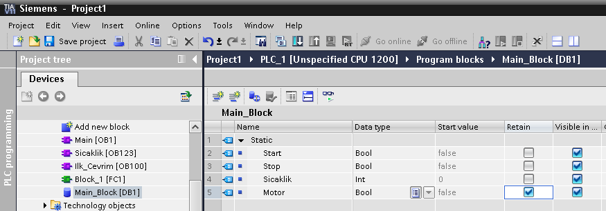 DATA BLOCK BLOCK İÇİNDE TANIMLANAN DEĞİŞKENLERİN PLC