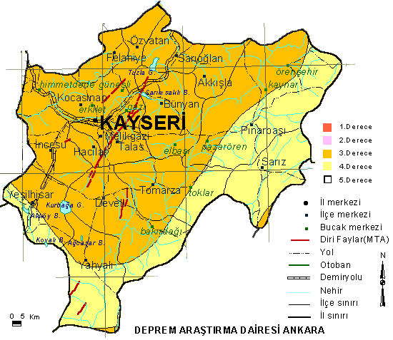 Depremsellik Kayseri ili, Türkiye Deprem Bölgeleri Haritası na göre 3. Derece deprem bölgesinde yer almaktadır. Kayseri ili ve çevresinde 1881-1986 yılları arasında meydana gelen Akpınar Depremi (6.