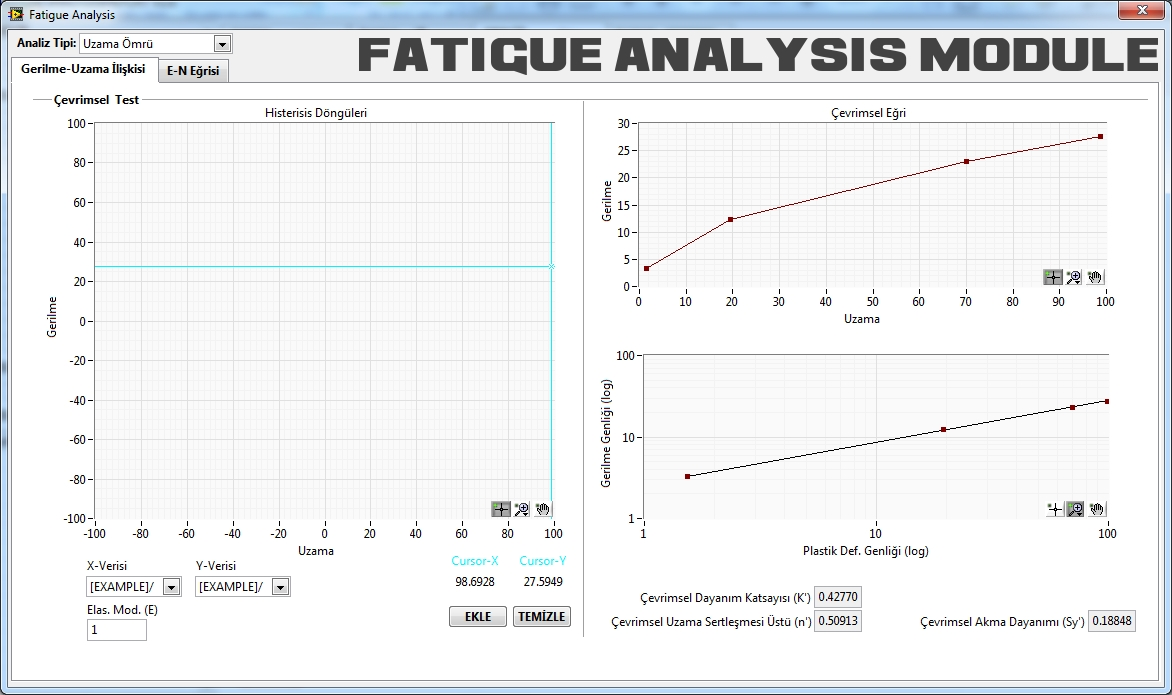 4.2 Uzama Ömrü (Strain-Life) Analizleri 4.2.1 Gerilme-Uzama (Stress-Strain) İlişkisi Bu menünün amacı, çevrimsel testlerde toplanan gerilme-uzama verilerinin analizi yapılarak gerilmeuzama ilişkisiyle ilgili bazı değerleri hesaplamaktır.