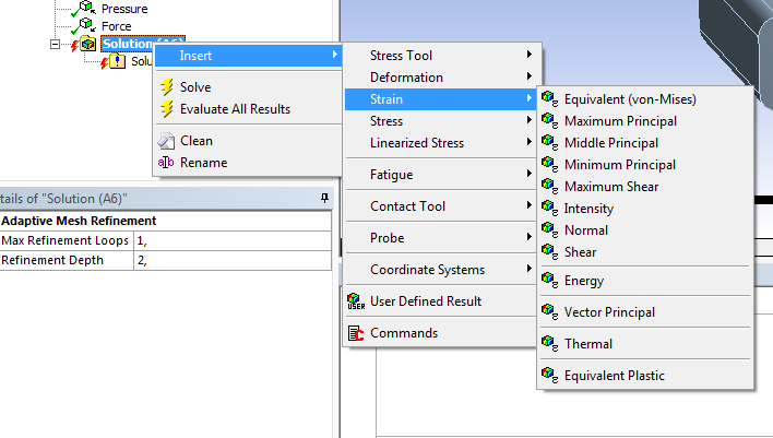 Şekil-47 Tüm Model Çözümü için Sonuçların istenmesi; Solution (sağ tuş) > Insert > Stress > Equivalent ( Von-Mises) Solution (sağ tuş) > Insert > Stress > Maximum Shear (maksimum kayma gerilmesi)