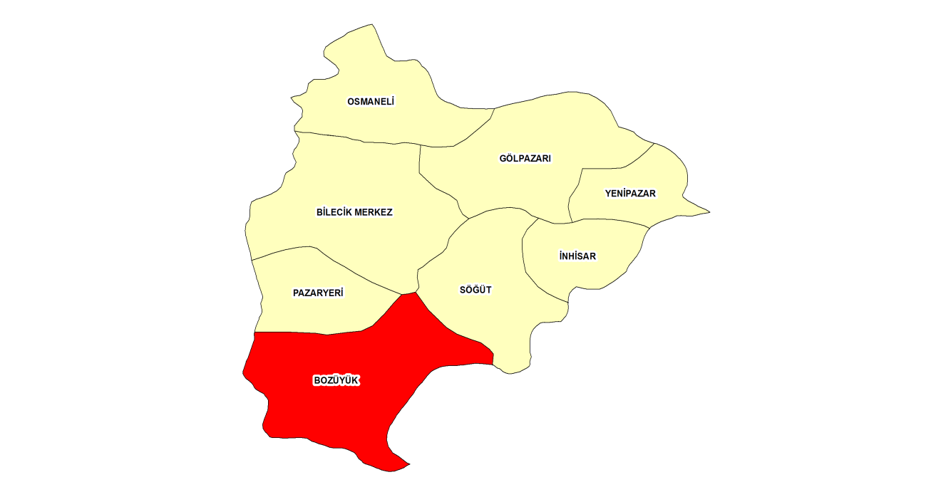 1. Genel Görünüm 1.1. Coğrafya ve İklim Bozüyük ilçesinin kuzeyinde Bilecik, kuzeybatısında Pazaryeri ilçesi, Kuzeydoğuda Söğüt, doğusunda Eskişehir, güneyde Kütahya, Batıda Domaniç ve İnegöl ilçeleriyle çevrilidir.