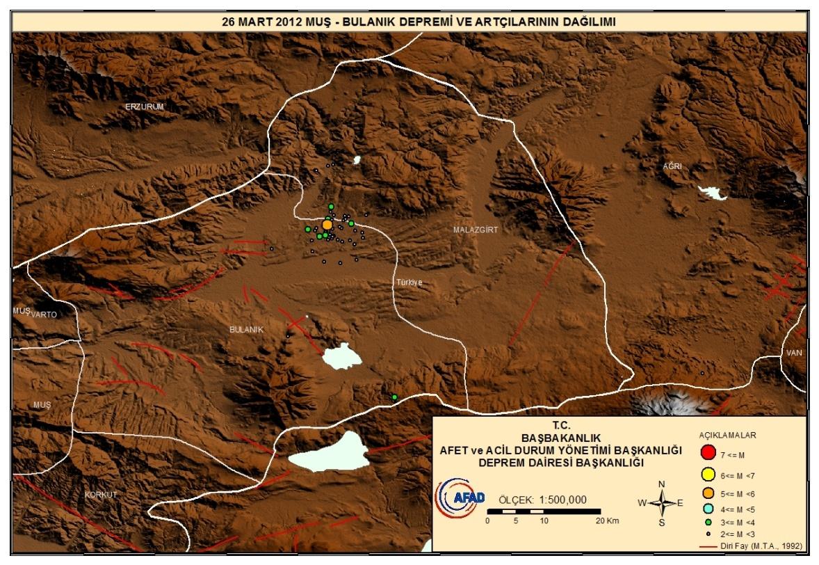 Şekil 2.1 26 Mart 2012 Muş - Bulanık depremi Muş il merkezi 1. derecede tehlikeli deprem bölgesindedir (Şekil 2.2).