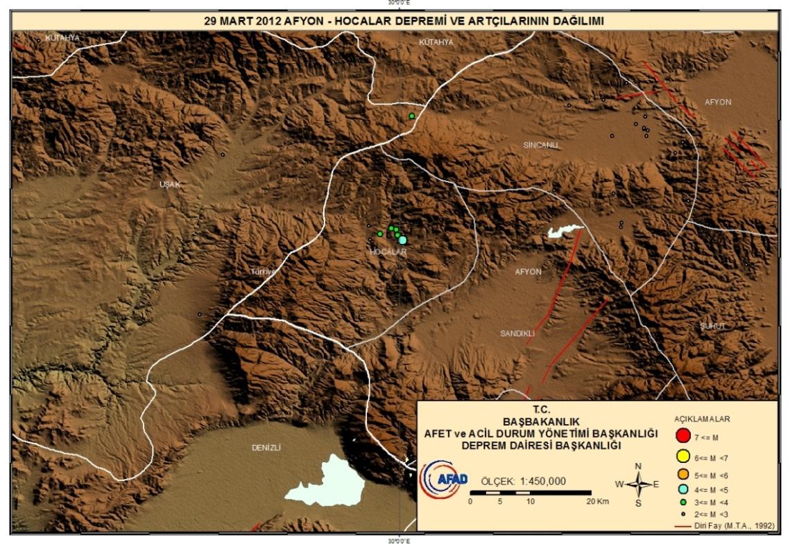 1). Şekil 3.1 29 Mart 2012 Afyon Hocalar Depremi ve artçılarının dağılımı Afyon il merkezi 2.