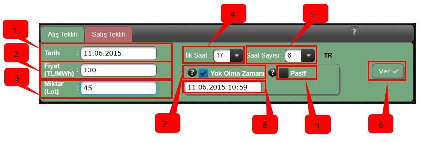 5.5.2.2 Blok Alış Teklif Girişi Şekil 22: Blok Teklif Ekranı Blok Alış Teklif Girişi 1. Teklif verilecek olan tarih seçilir. 2. Verilecek teklife ait fiyatın girildiği bölümdür. a. Teklifler TL/MWh olarak verilir.