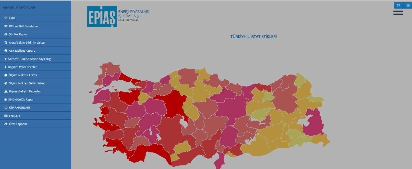 5.7 RAPORLAR EKRANI Şekil 35: Raporlar Ana Ekranı 1. İSKK (İletim Sistemi Kayıp Katsayısı) seçeneğinden seçilen tarihlerde ilk versiyon ve son versiyon verilerine ulaşılabilir. 2.