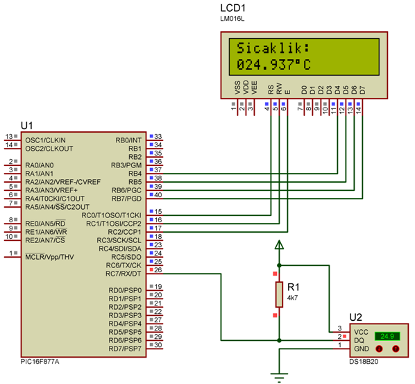 Şekil 90 DS18B20 Uygulaması Uygulama anında dikkat edilmesi gereken bir diğer husus ise 4k7 lik dirençtir. Tüm 1-Wire cihazları gibi DS18B20 de pull-up dirençsiz çalışmamaktadır.