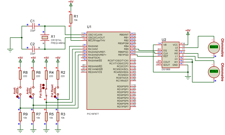 for(i=0;i<8;i++) if(veri2&kay) one(); else zero(); kay=kay>>1; DelayUs(2); RST=0; Görüleceği üzere kütüphanemiz oldukça sadedir. Bu da DS1868 in kullanım kolaylığından kaynaklanmaktadır. 10.