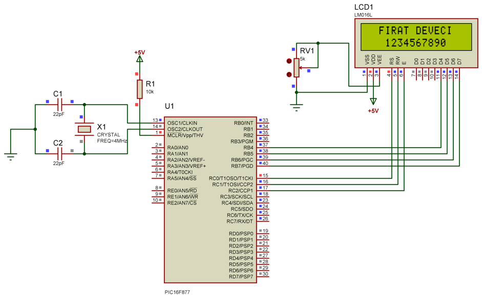 4.1.2) İlk LCD Uygulamamız LCD kütüphanelerimizi oluşturduktan sonra ilk denememize geçelim. İlk uygulamamızda LCD ye adımızı soyadımızı ve ikinci satıra da tüm rakamları yazalım.