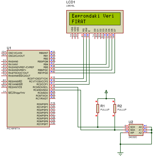 Bu uygulamada 24C02 eepromunun ilk 0h,8h,10h,18h,20h,28h.. adreslerine ismimizi yazdırıp, tekrar eepromun bu adreslerini okuyarak ismimizi LCD ye yazdıracağız.