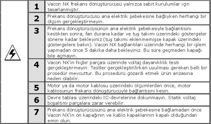 1.2 Güvenlik talimatları 1.3 Topraklama ve toprak hatası koruması Vacon NX frekans dönüştürücüsü her zaman, topraklama terminaline bağlı bir topraklama iletkeni ile topraklanmalıdır.