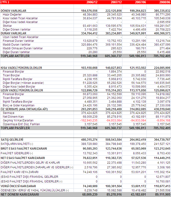 ÖZET BİLANÇO ve