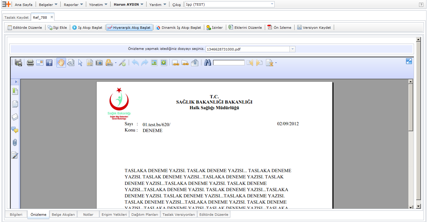 Editörde oluşturulacak taslak içeriği yazıldıktan sonra Versiyon Kaydet butonu ile Taslak Kaydı gerçekleştirilir. Oluşturulan belgenin şalon önizlemesini Önzileme sekmesinde görebilirsiniz.