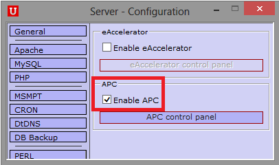 h) Server Configuration PHP PHP Accelerators and eaccelerator seçeneğinden Enable APC kutucuğu işaretlenerek APC aktif hale