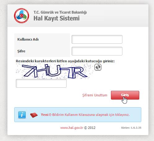 1. HAL KAYIT SİSTEMİ NE GİRİŞ Hal Hakem Heyeti işlemlerini gerçekleştirebilmek için ilk olarak Hal Kayıt Sistemi ne giriş yapmak gerekmektedir. Bunun için https://hks.hal.gov.